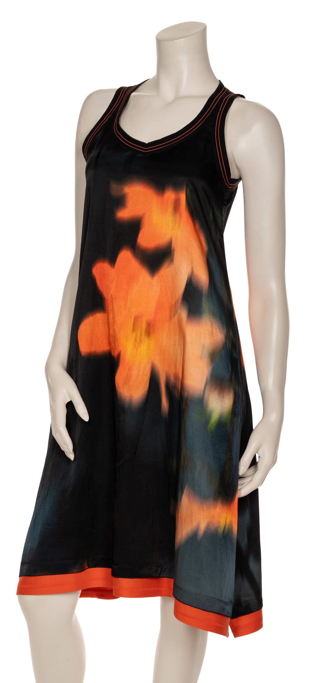 Long flowy tank dress with dark blue-black and orange floral print.