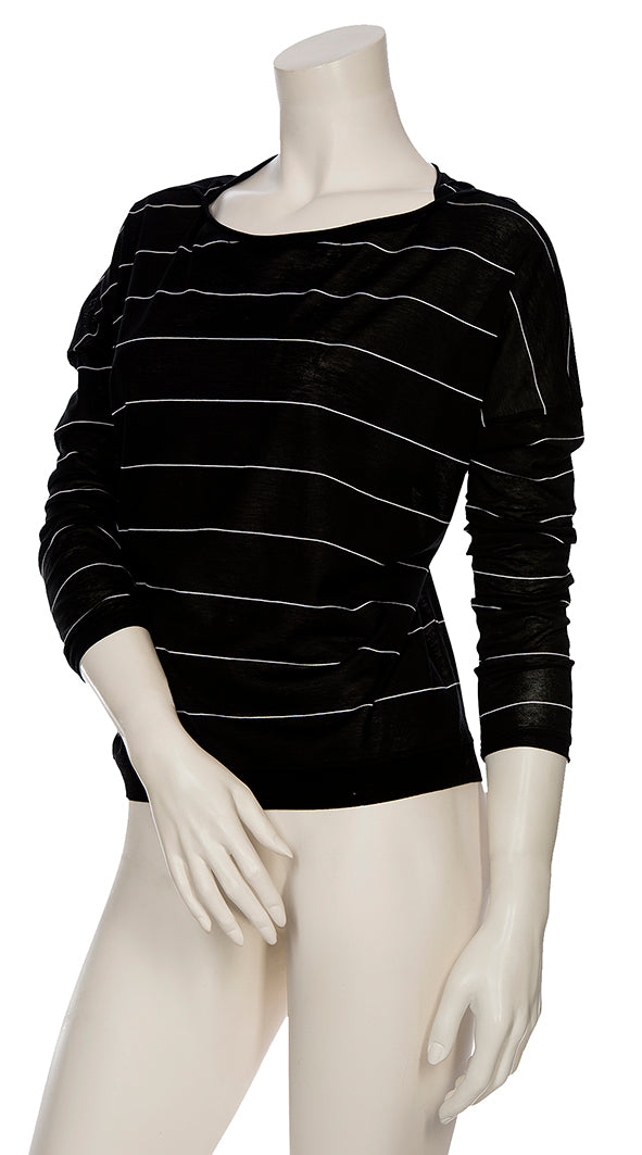 Black long sleeve t-shirt with thin white stripes.